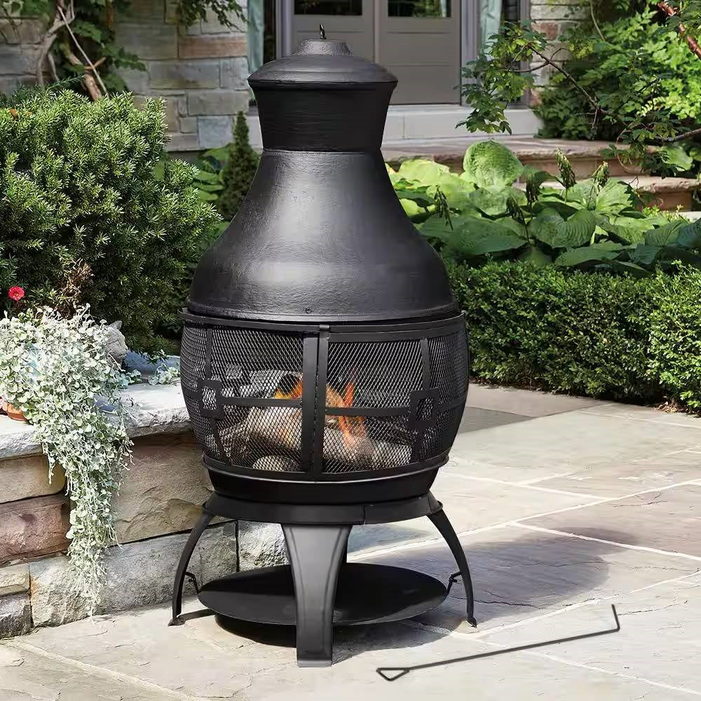 45-inch Black Cast Iron and Steel Outdoor Fire Pit Chimenea - Energize Trek