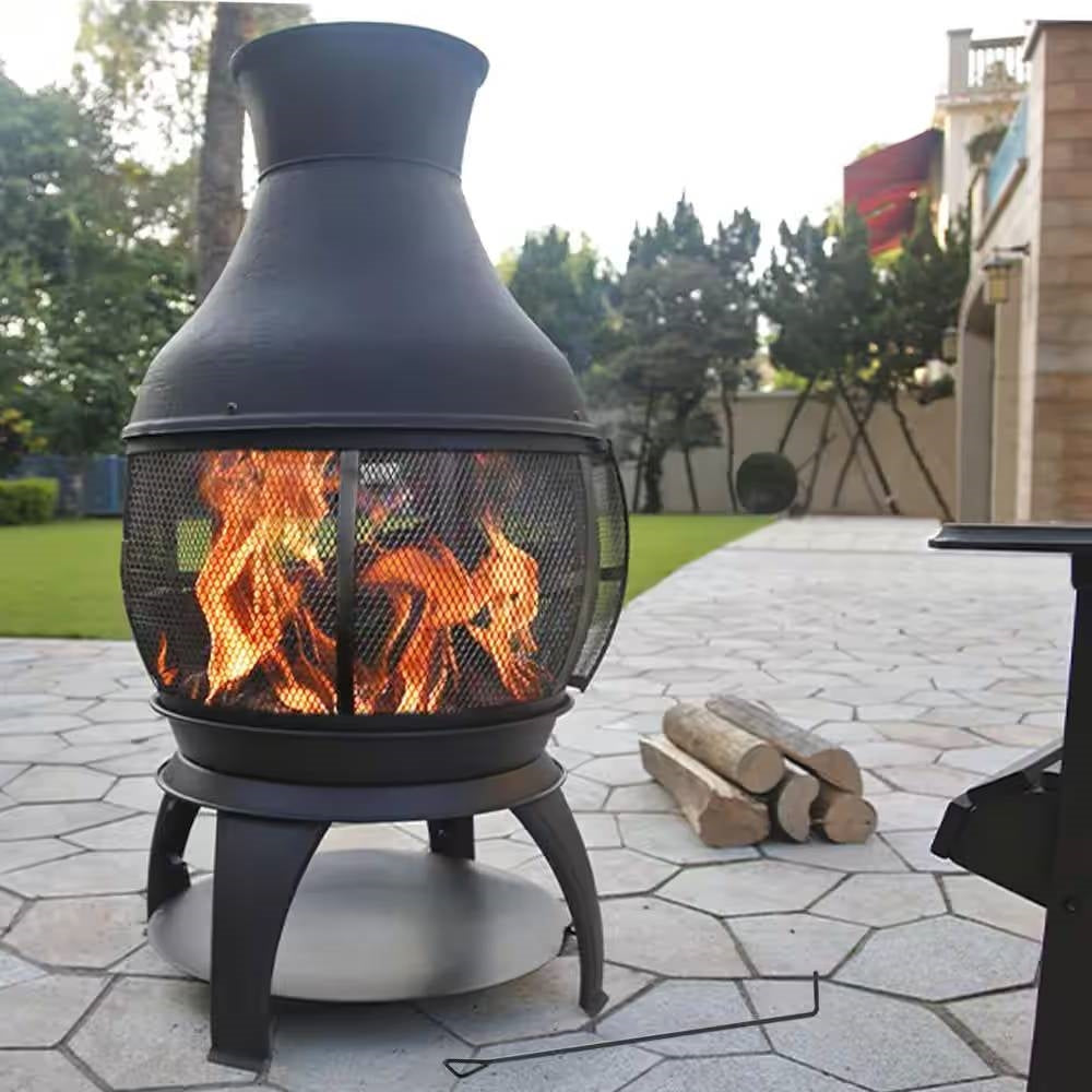 45-inch Black Cast Iron and Steel Outdoor Fire Pit Chimenea - Energize Trek