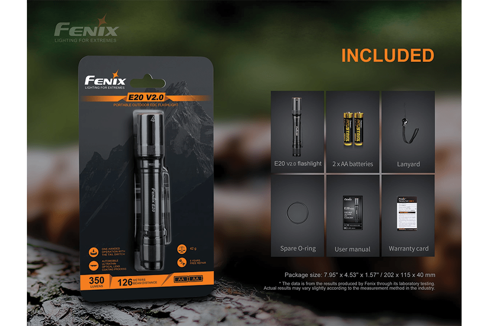 Fenix E20 V2.0 EDC Flashlight - 350 Lumens - Energize Trek