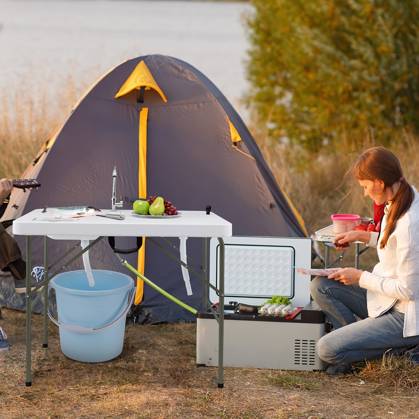 Fish Cleaning Table with 2 Sinks and 360° Rotatable Fauce-White - Energize Trek