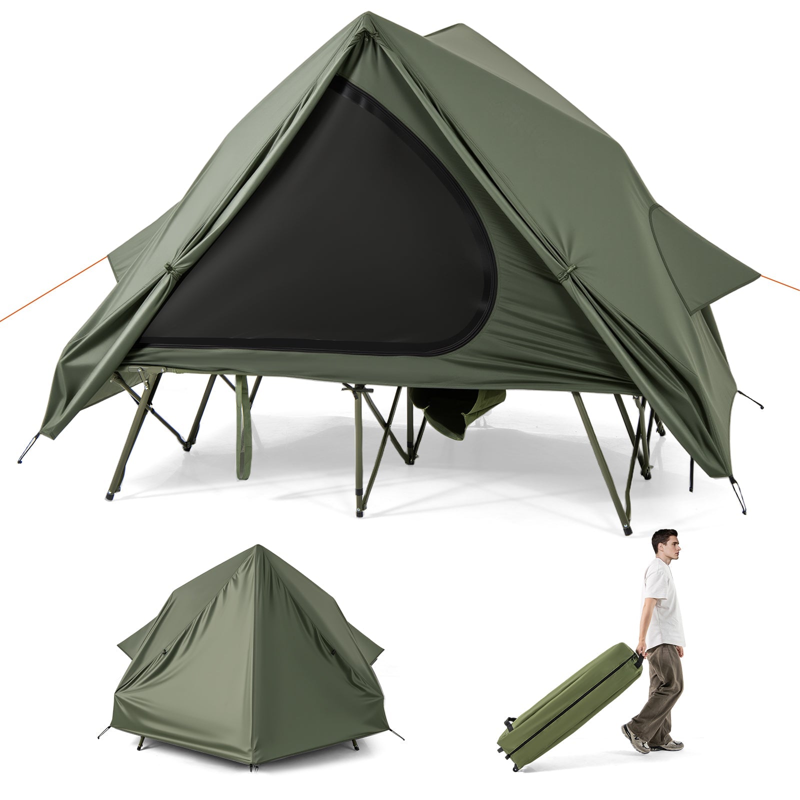 Foldable 2-Person Camping Cot Tent with Pop-up Tent Shelter and Portable Wheeled Bag-Green - Energize Trek