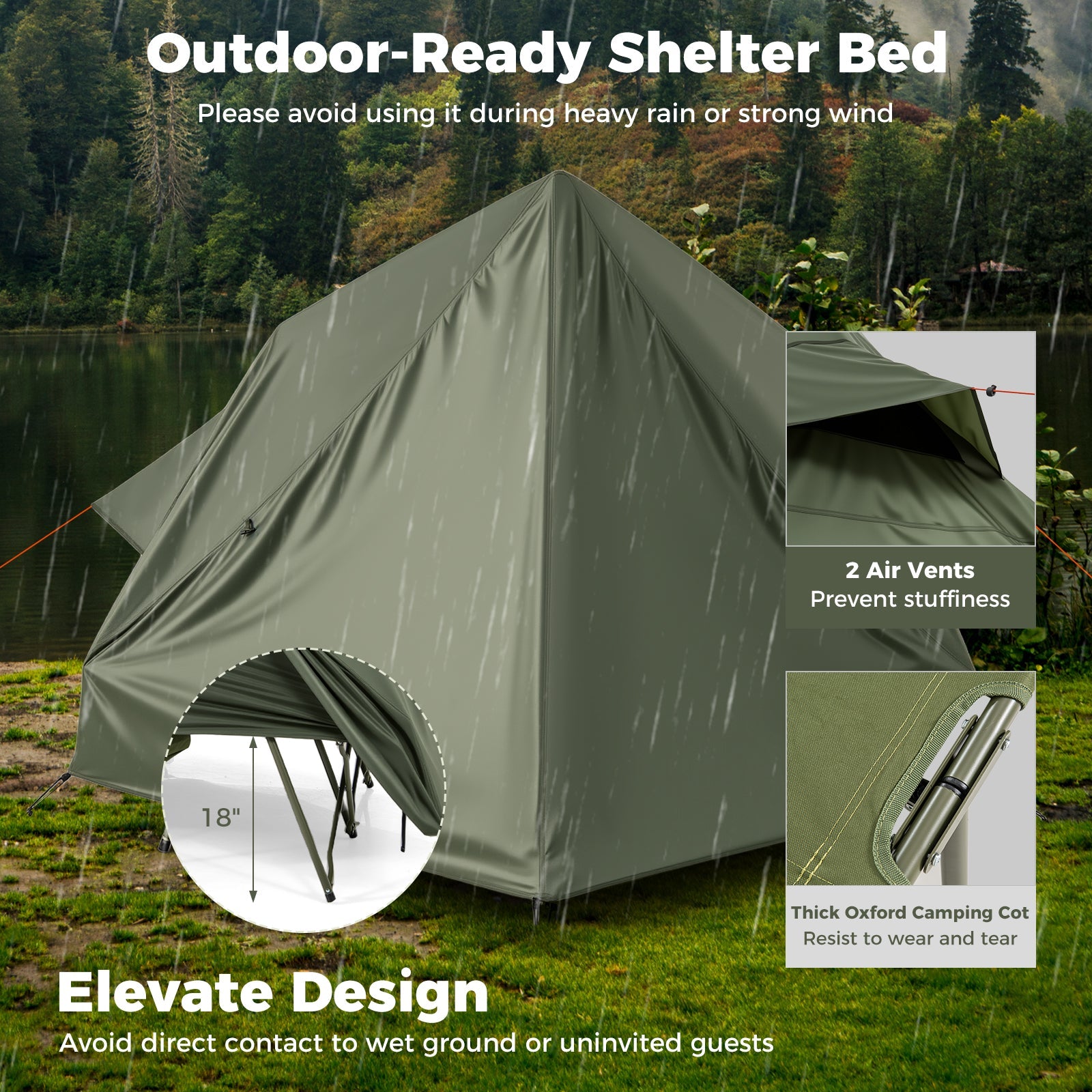 Foldable 2-Person Camping Cot Tent with Pop-up Tent Shelter and Portable Wheeled Bag-Green - Energize Trek