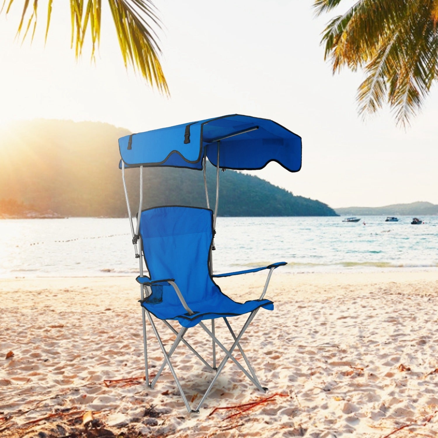 Foldable Beach Canopy Chair Sun Protection Camping Lawn Canopy Chair 330LBS Load Folding Seat w/ Cup Holder For Beach Poolside Travel Picnic - Energize Trek