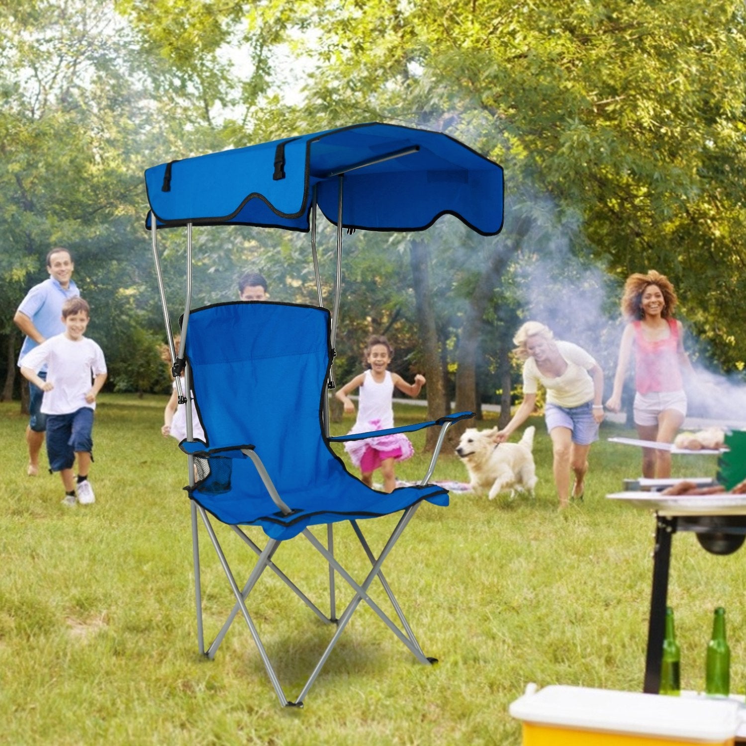 Foldable Beach Canopy Chair Sun Protection Camping Lawn Canopy Chair 330LBS Load Folding Seat w/ Cup Holder For Beach Poolside Travel Picnic - Energize Trek