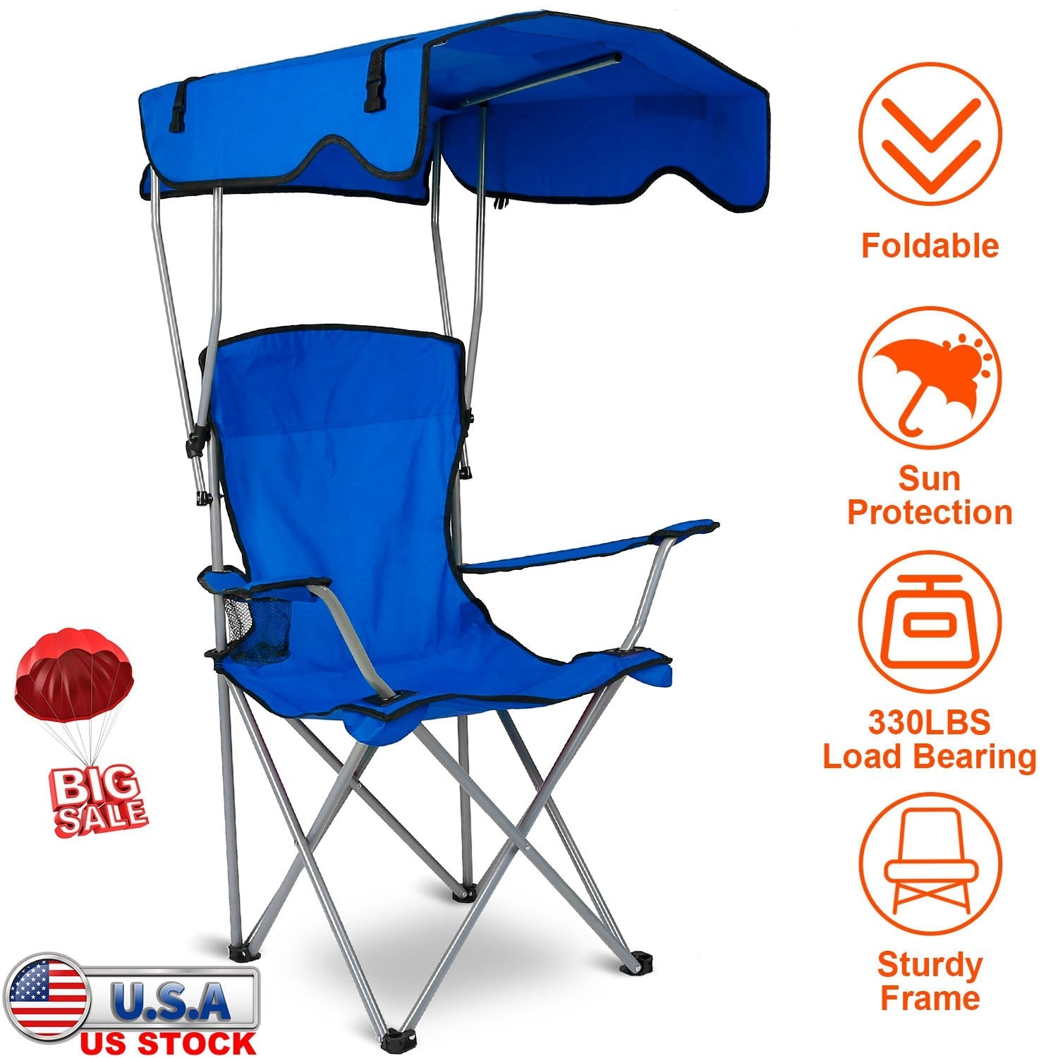 Foldable Beach Canopy Chair Sun Protection Camping Lawn Canopy Chair 330LBS Load Folding Seat w/ Cup Holder For Beach Poolside Travel Picnic - Energize Trek