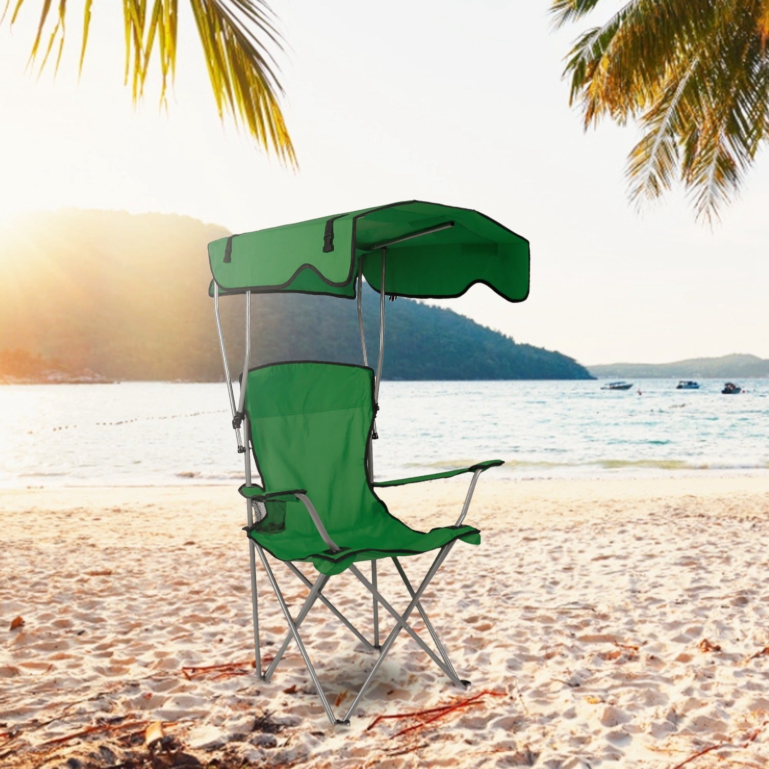 Foldable Beach Canopy Chair Sun Protection Camping Lawn Canopy Chair 330LBS Load Folding Seat w/ Cup Holder For Beach Poolside Travel Picnic - Energize Trek