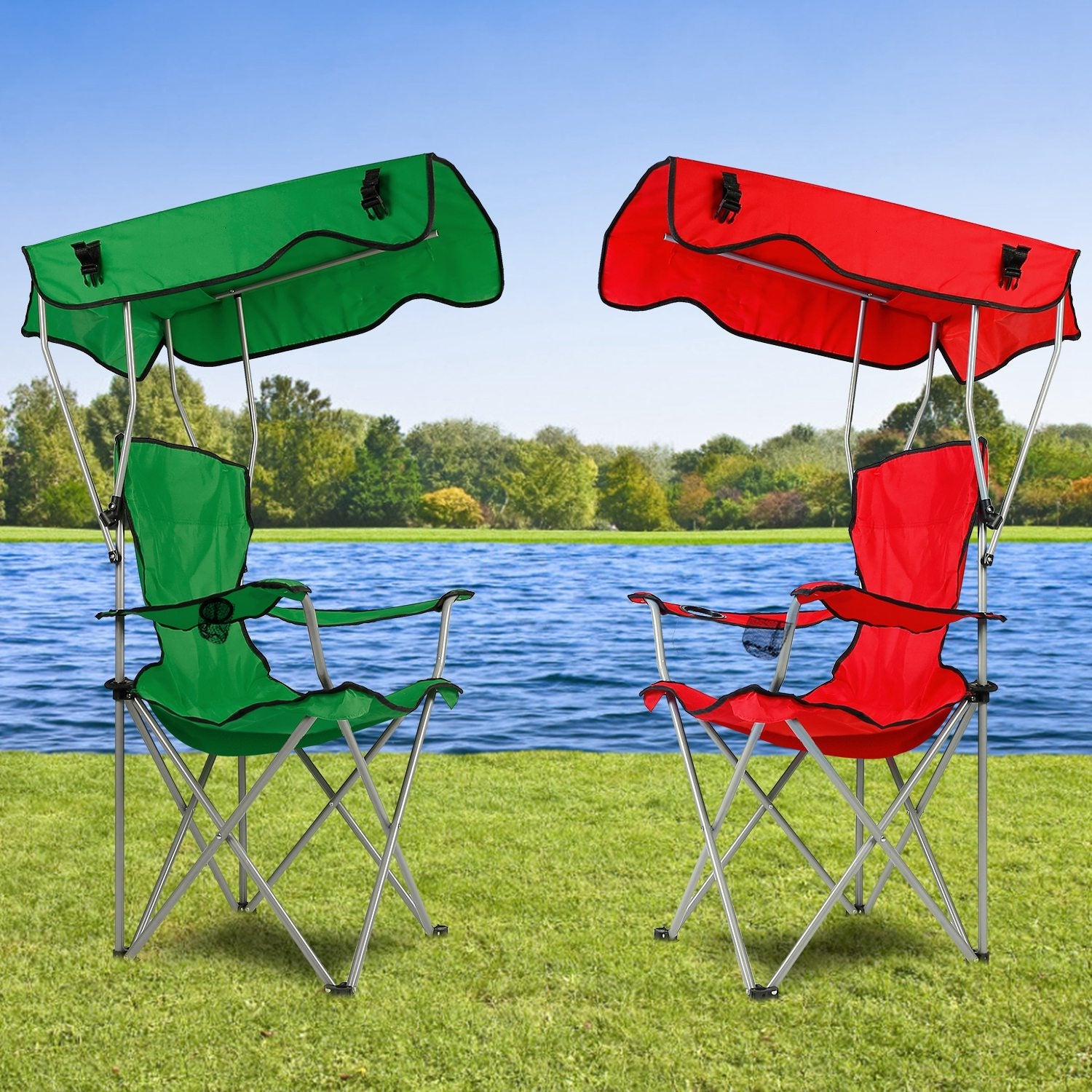 Foldable Beach Canopy Chair Sun Protection Camping Lawn Canopy Chair 330LBS Load Folding Seat w/ Cup Holder For Beach Poolside Travel Picnic - Energize Trek