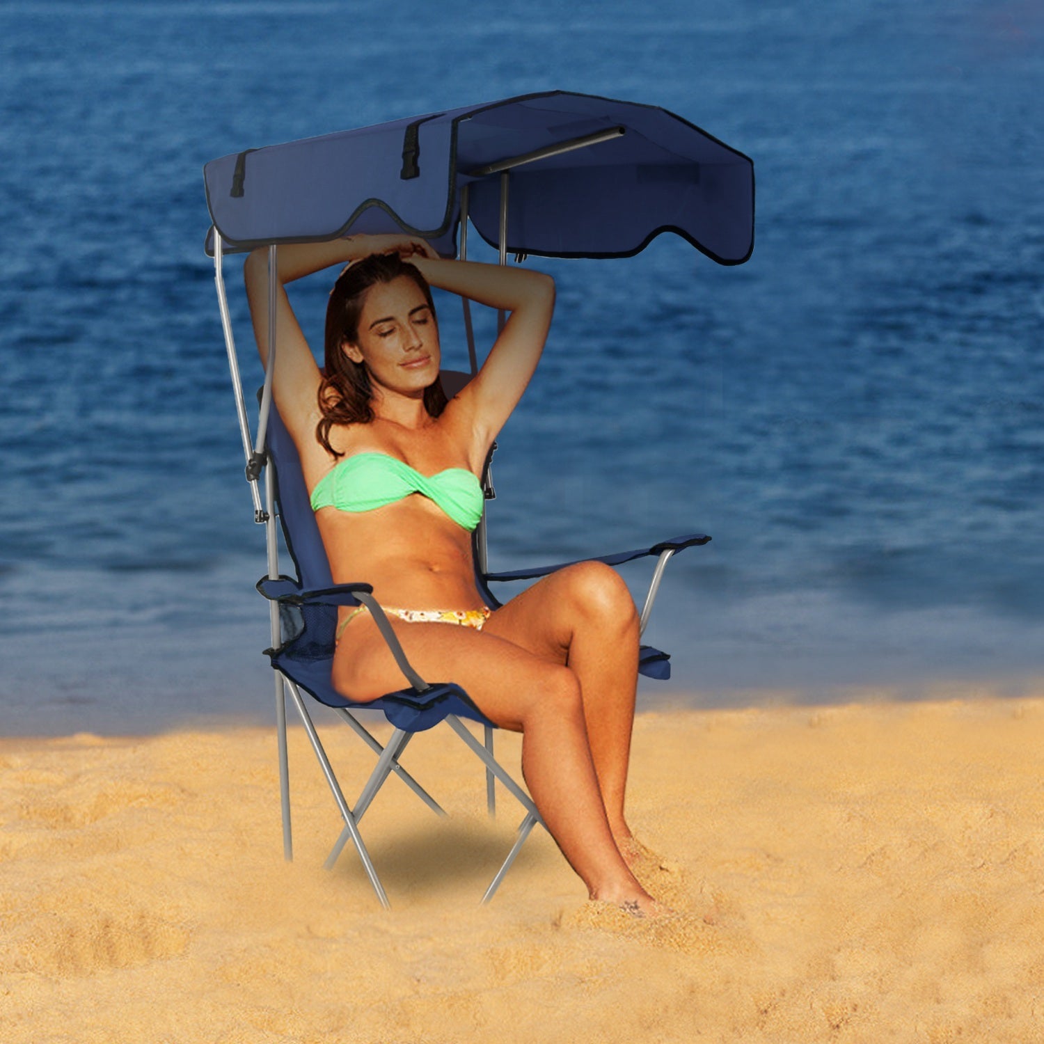 Foldable Beach Canopy Chair Sun Protection Camping Lawn Canopy Chair 330LBS Load Folding Seat w/ Cup Holder For Beach Poolside Travel Picnic - Energize Trek