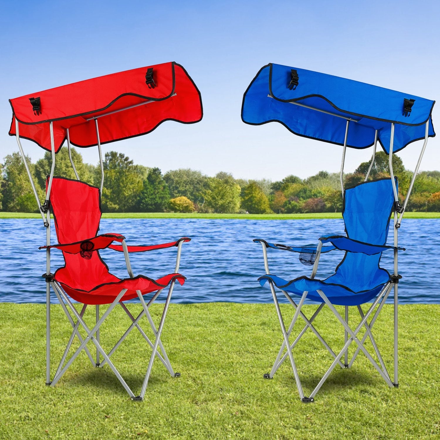 Foldable Beach Canopy Chair Sun Protection Camping Lawn Canopy Chair 330LBS Load Folding Seat w/ Cup Holder For Beach Poolside Travel Picnic - Energize Trek