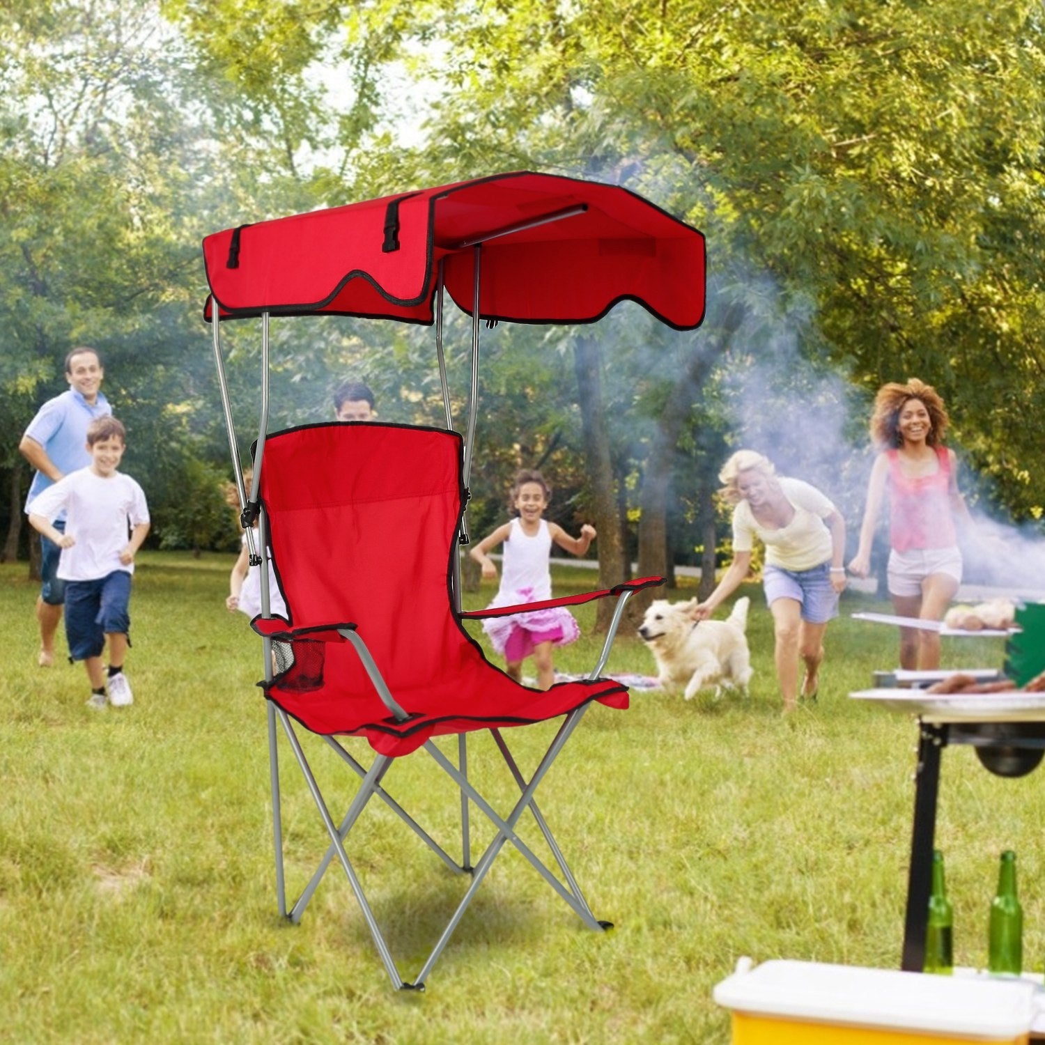 Foldable Beach Canopy Chair Sun Protection Camping Lawn Canopy Chair 330LBS Load Folding Seat w/ Cup Holder For Beach Poolside Travel Picnic - Energize Trek