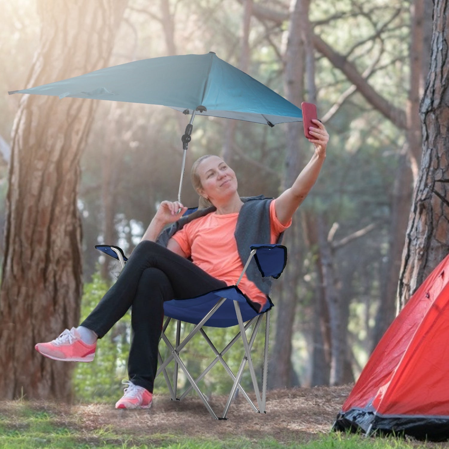 Foldable Beach Chair with Detachable Umbrella Armrest Adjustable Canopy Stool with Cup Holder Carry Bag for Camping Poolside Travel Picnic Lawn Chair - Energize Trek