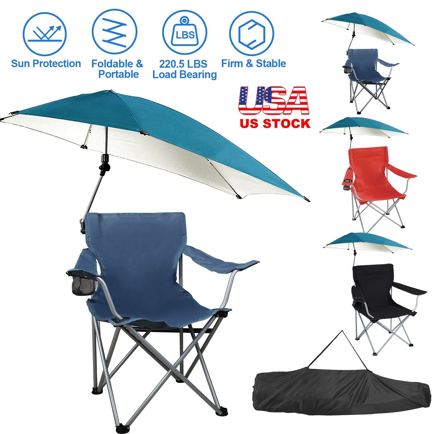Foldable Beach Chair with Detachable Umbrella Armrest Adjustable Canopy Stool with Cup Holder Carry Bag for Camping Poolside Travel Picnic Lawn Chair - Energize Trek