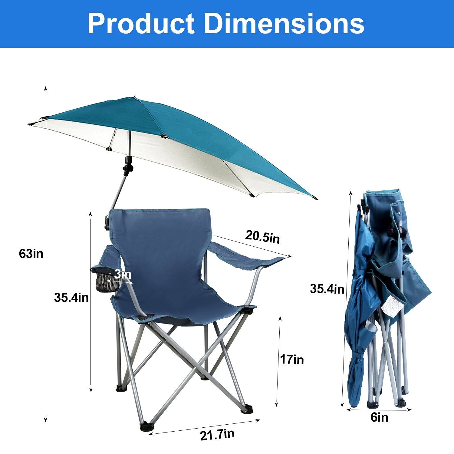 Foldable Beach Chair with Detachable Umbrella Armrest Adjustable Canopy Stool with Cup Holder Carry Bag for Camping Poolside Travel Picnic Lawn Chair - Energize Trek