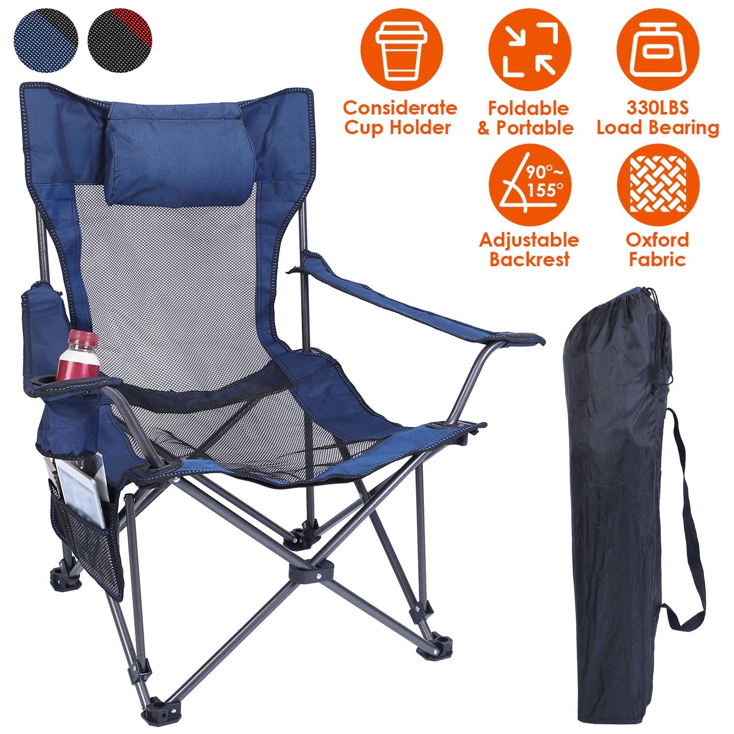 Foldable Camping Chair 330LBS Load Heavy Duty Steel Lawn Chair Collapsible Chair with Reclining Backrest Angle Cup Holder Pillow Side Pocket Carry Bag - Energize Trek