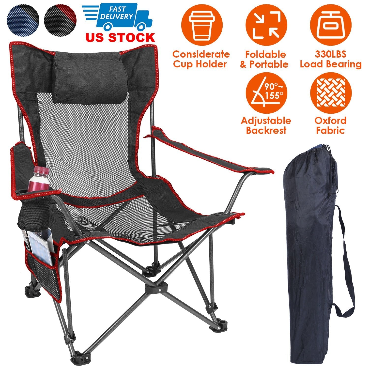 Foldable Camping Chair 330LBS Load Heavy Duty Steel Lawn Chair Collapsible Chair with Reclining Backrest Angle Cup Holder Pillow Side Pocket Carry Bag - Energize Trek