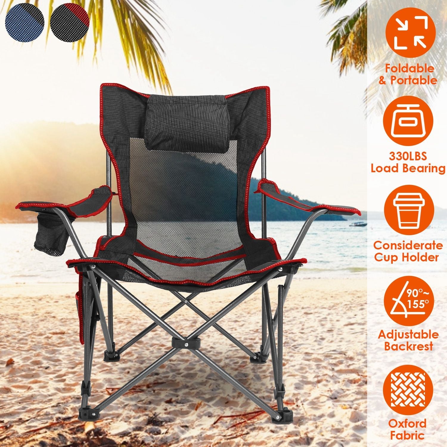 Foldable Camping Chair 330LBS Load Heavy Duty Steel Lawn Chair Collapsible Chair with Reclining Backrest Angle Cup Holder Pillow Side Pocket Carry Bag - Energize Trek