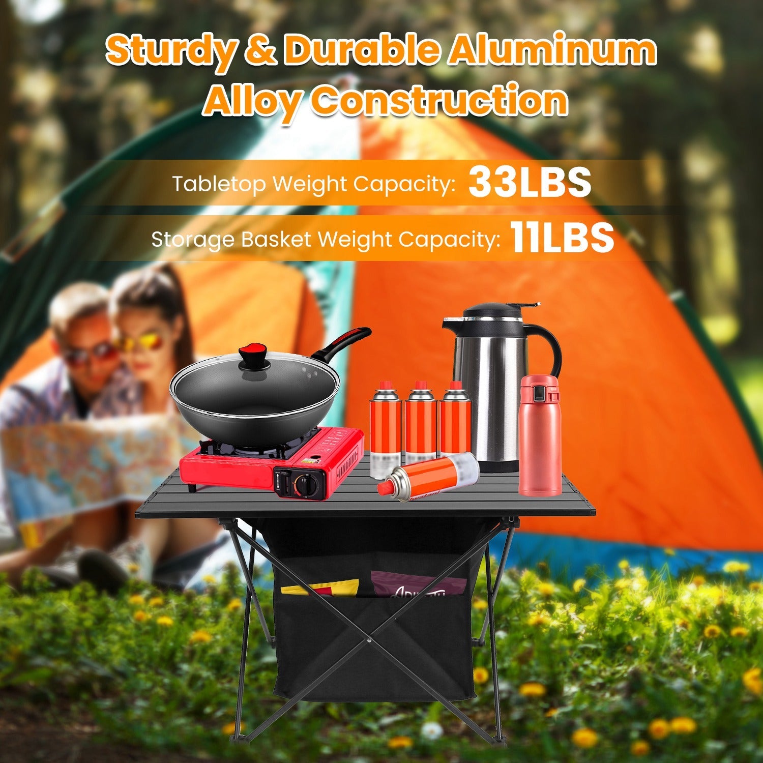 Foldable Camping Table With Storage Basket Rustproof Portable Aluminum Alloy Roll-Up Camping Table With Carrying Bag For Camping Hiking BBQ Picnic Fis - Energize Trek