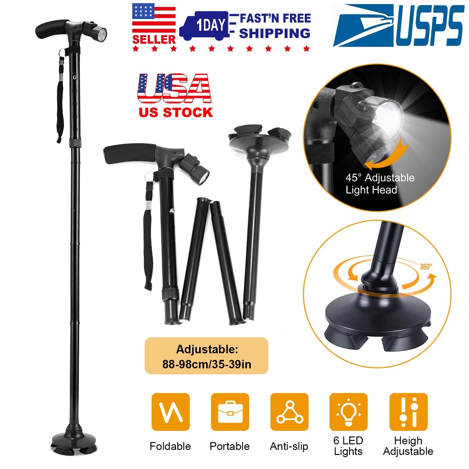 Foldable Canes Walking Cane w/LED Light Portable Walking Stick Adjustable Height Aluminum Walking Aid Stick for Men Women - Energize Trek