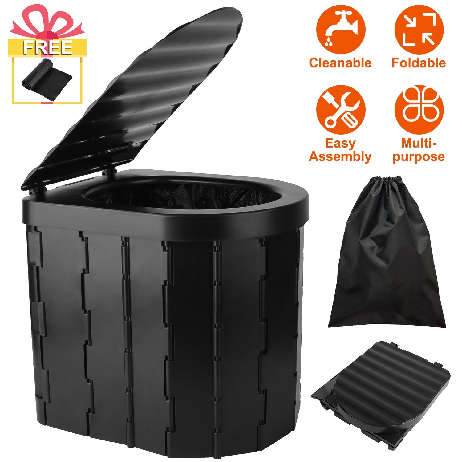 Foldable Emergency Toilet Portable Porta Potty for Car Travel Camping Boating Hiking Cleanable Travel Commode with Lid Carry Bag 1 Roll Garbage Bags - Energize Trek