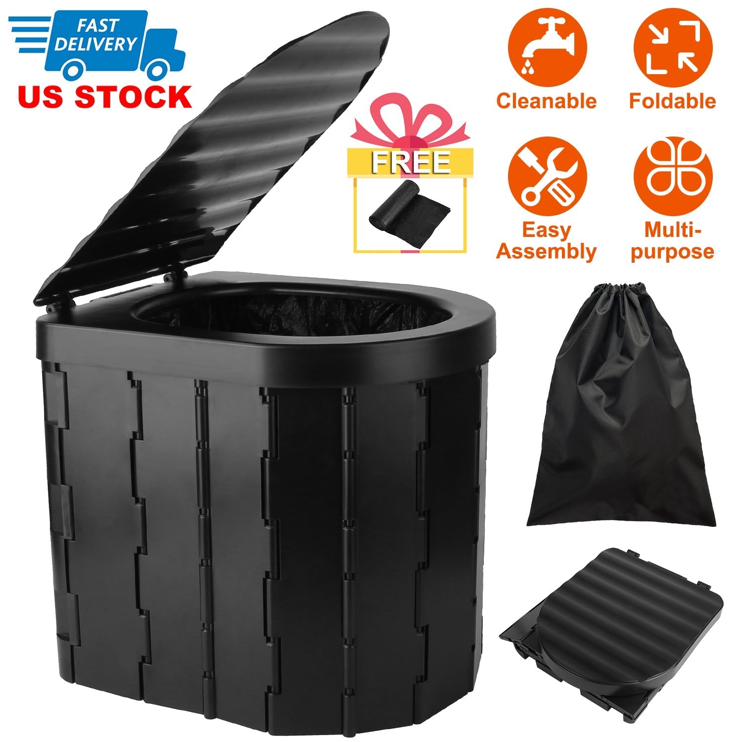 Foldable Emergency Toilet Portable Porta Potty for Car Travel Camping Boating Hiking Cleanable Travel Commode with Lid Carry Bag 1 Roll Garbage Bags - Energize Trek