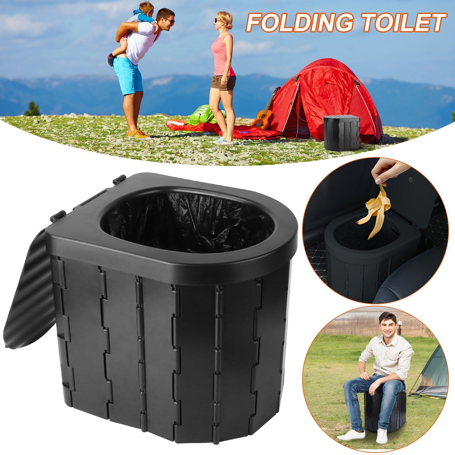 Foldable Emergency Toilet Portable Porta Potty for Car Travel Camping Boating Hiking Cleanable Travel Commode with Lid Carry Bag 1 Roll Garbage Bags - Energize Trek