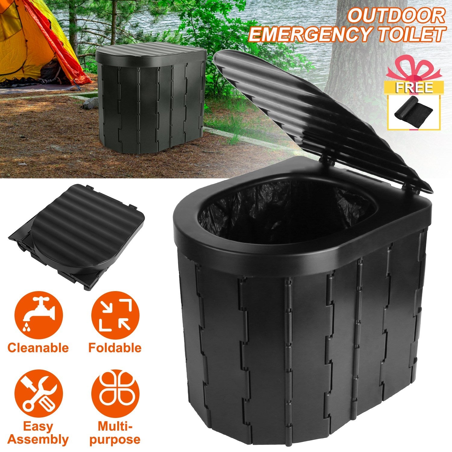 Foldable Emergency Toilet Portable Porta Potty for Car Travel Camping Boating Hiking Cleanable Travel Commode with Lid Carry Bag 1 Roll Garbage Bags - Energize Trek