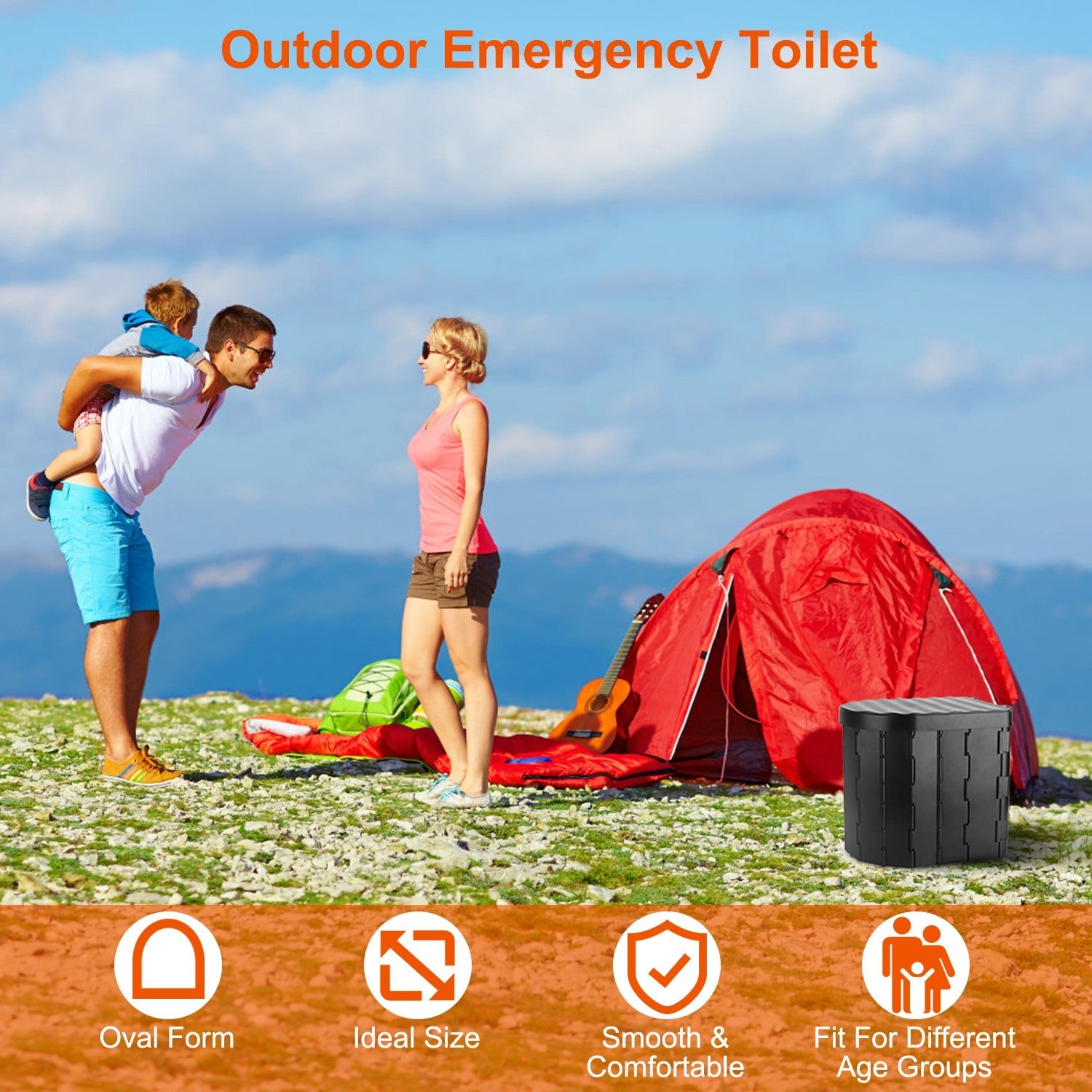 Foldable Emergency Toilet Portable Porta Potty for Car Travel Camping Boating Hiking Cleanable Travel Commode with Lid Carry Bag 1 Roll Garbage Bags - Energize Trek