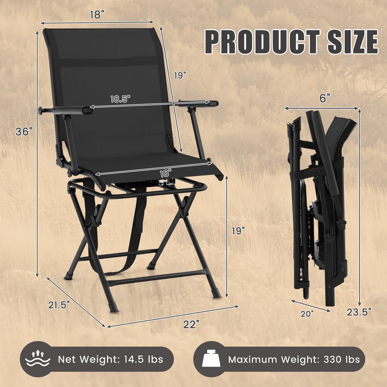 Foldable Swivel Patio Chair with Armrest and Mesh Back - Energize Trek