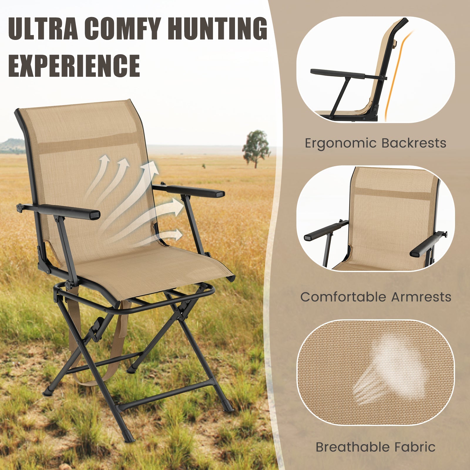 Foldable Swivel Patio Chair with Armrest and Mesh Back - Energize Trek