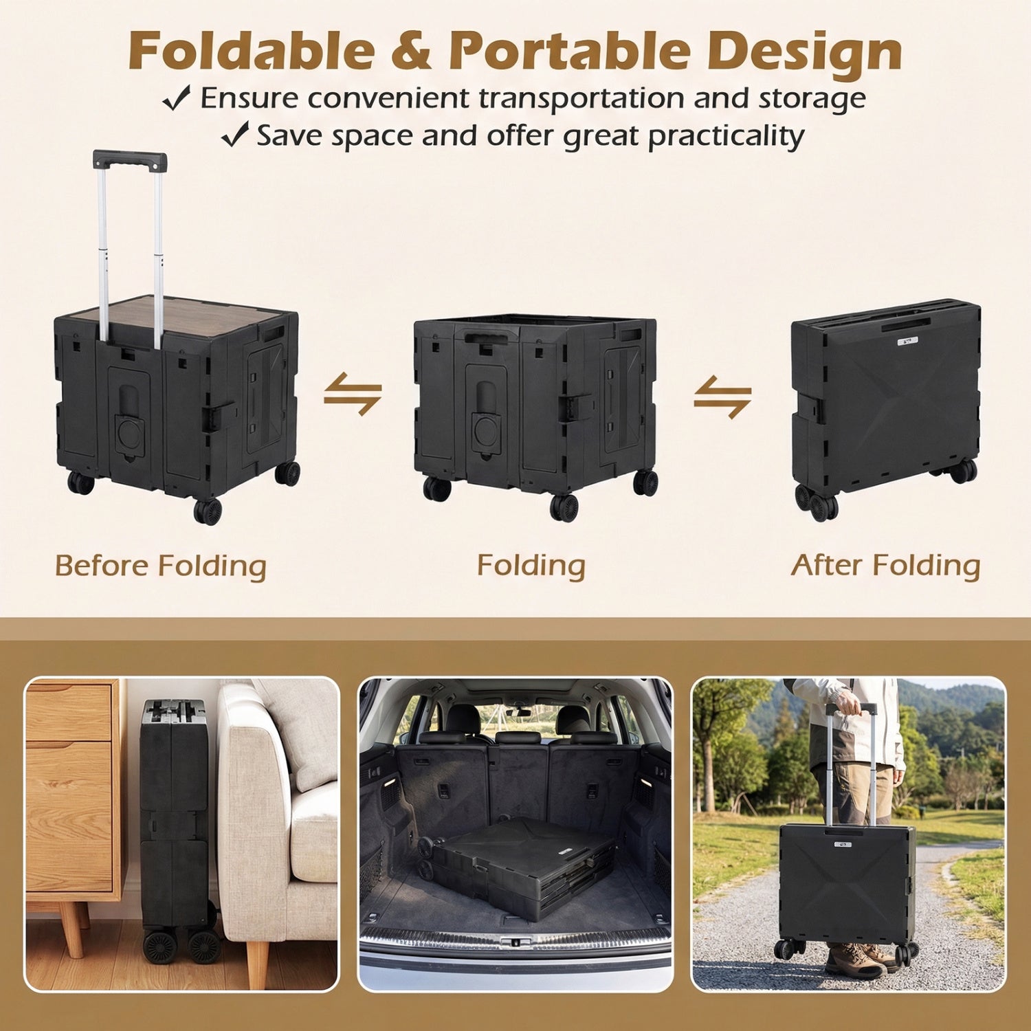 Foldable Utility Cart on 4 Rotate Wheels with Cup Holder - Energize Trek