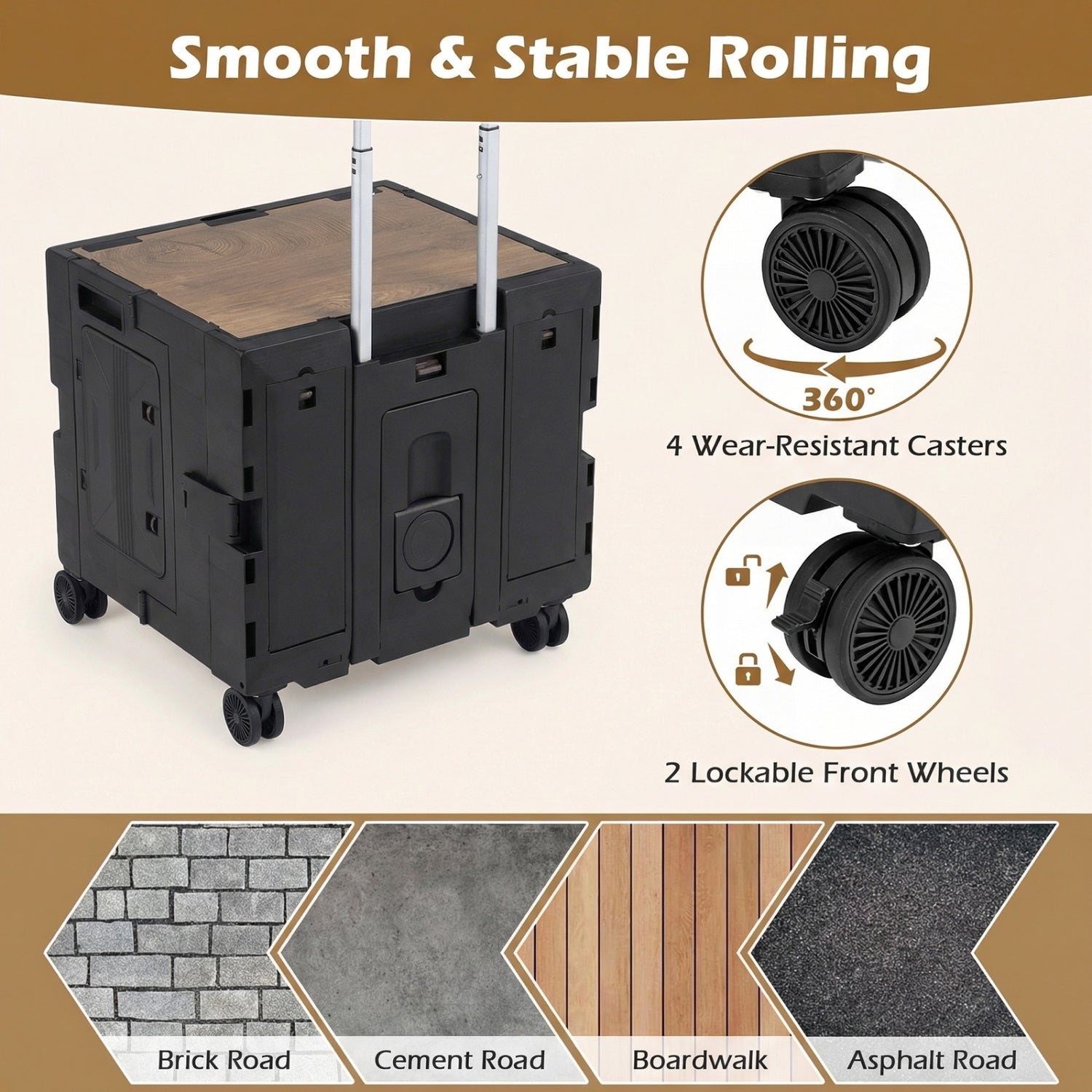 Foldable Utility Cart on 4 Rotate Wheels with Cup Holder - Energize Trek