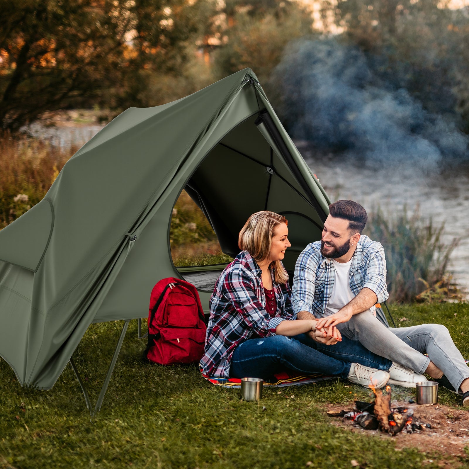 Foldable 2-Person Camping Cot Tent with Pop-up Tent Shelter and Portable Wheeled Bag-Green