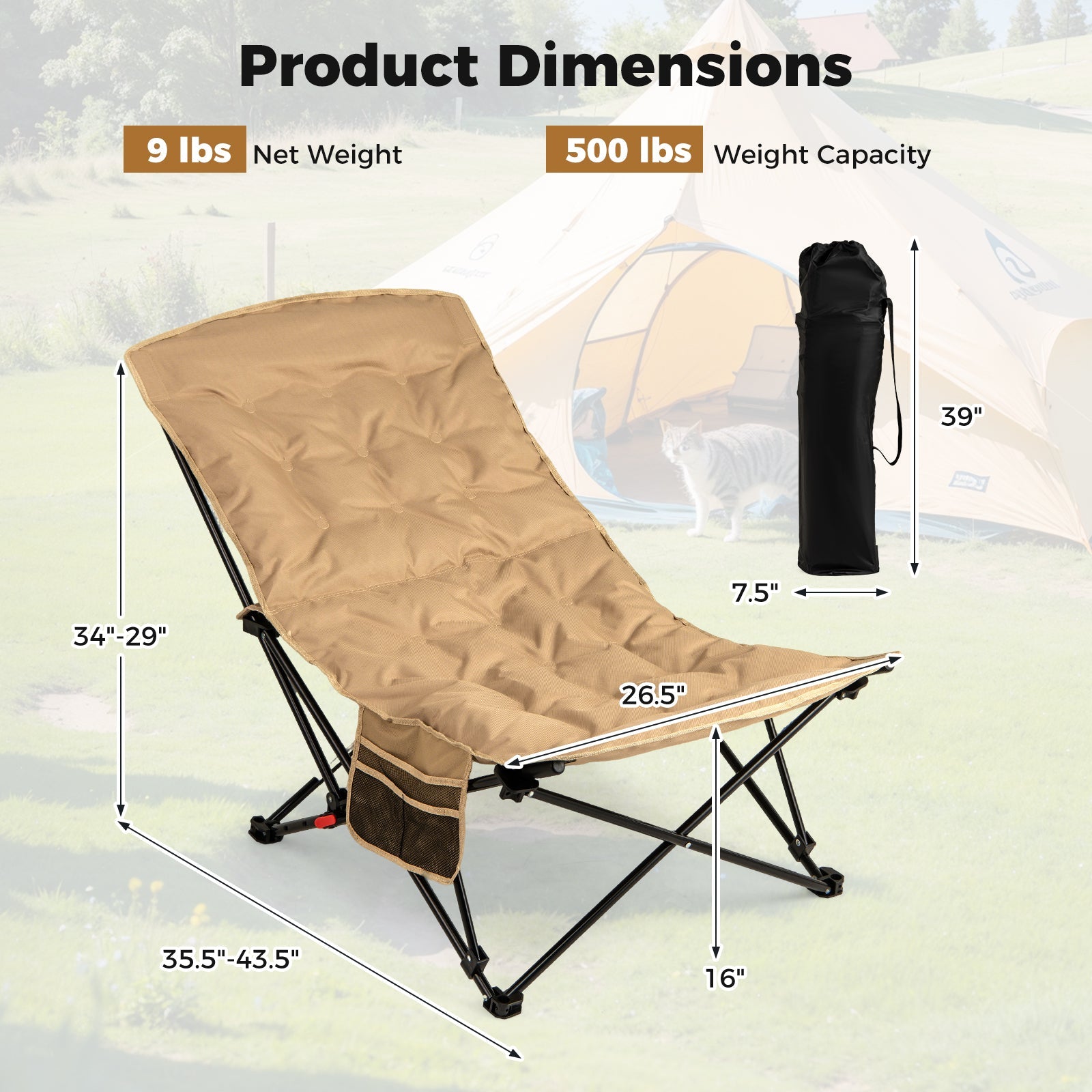 Folding Camping Chair for Adults with Adjustable Backrest and Carrying Bag-Khaki - Energize Trek