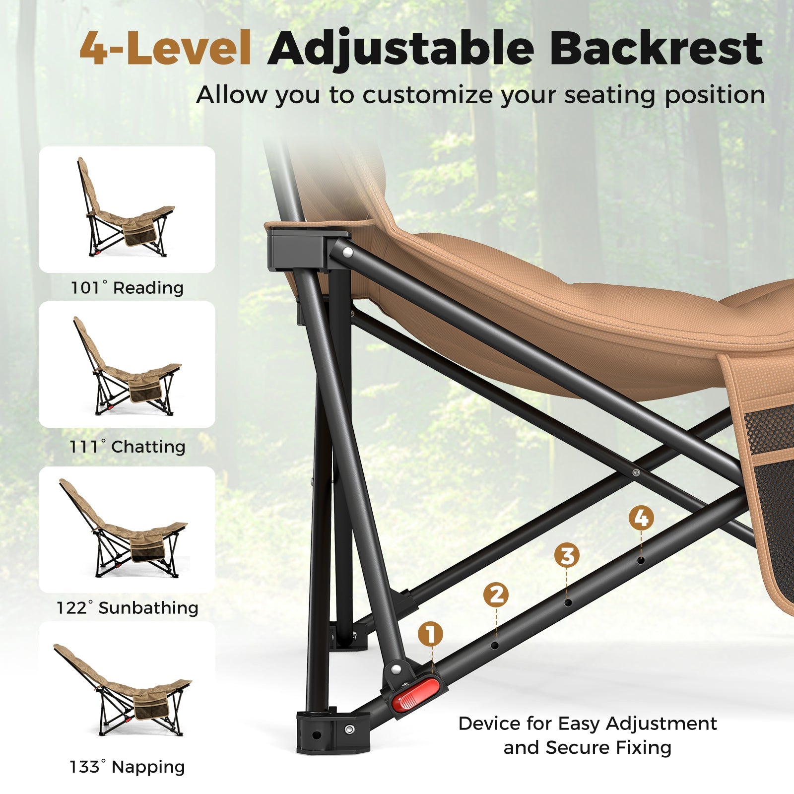 Folding Camping Chair for Adults with Adjustable Backrest and Carrying Bag-Khaki - Energize Trek