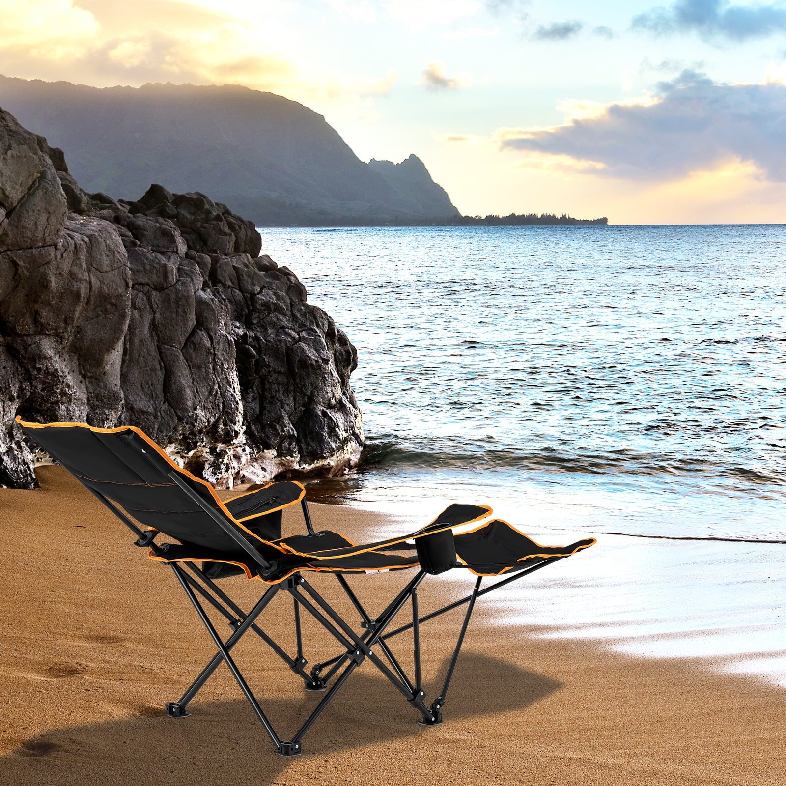 Folding Camping Chair with Footrest Camping Lounge Chair with Carry Bag-Black - Energize Trek