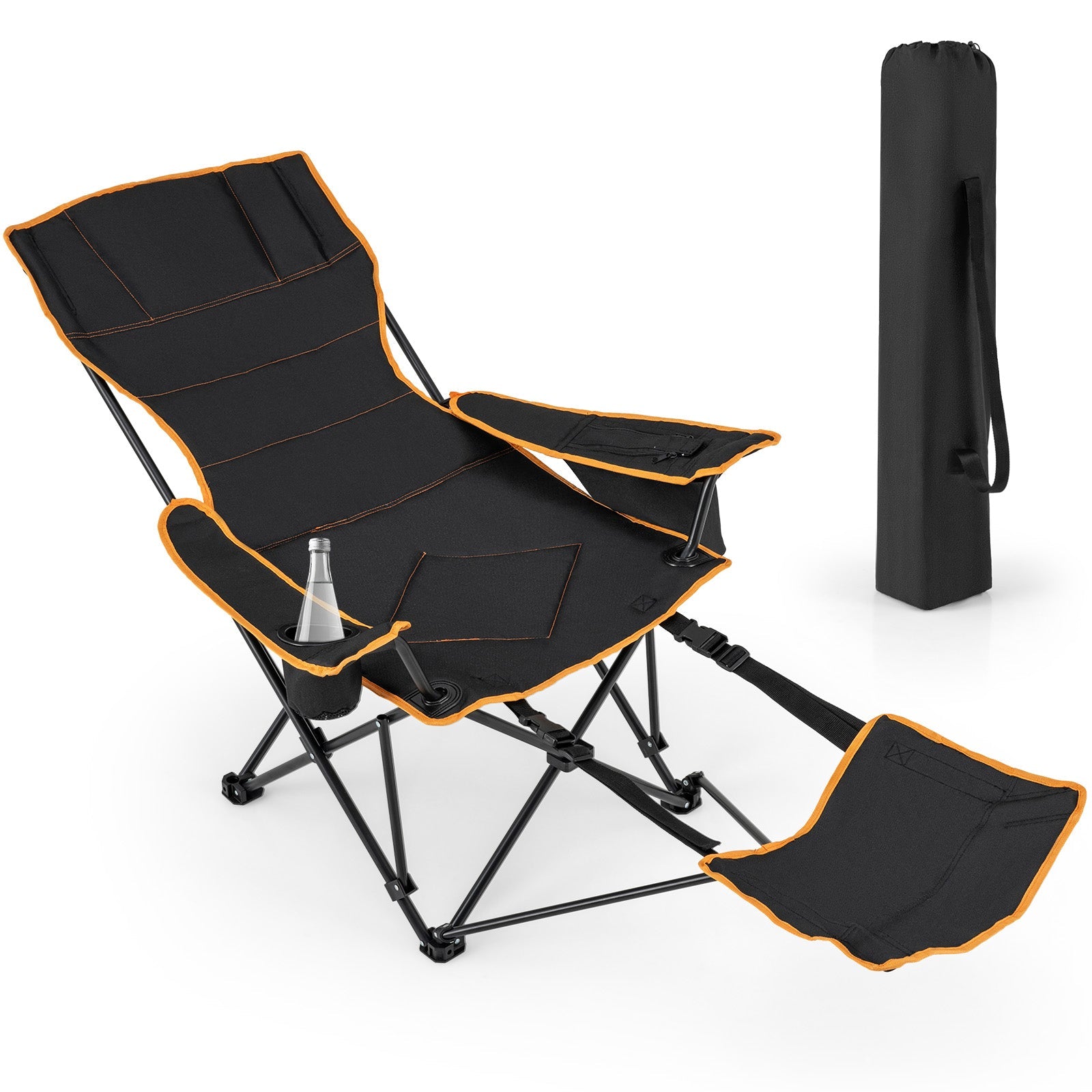 Folding Camping Chair with Footrest Camping Lounge Chair with Carry Bag-Black - Energize Trek