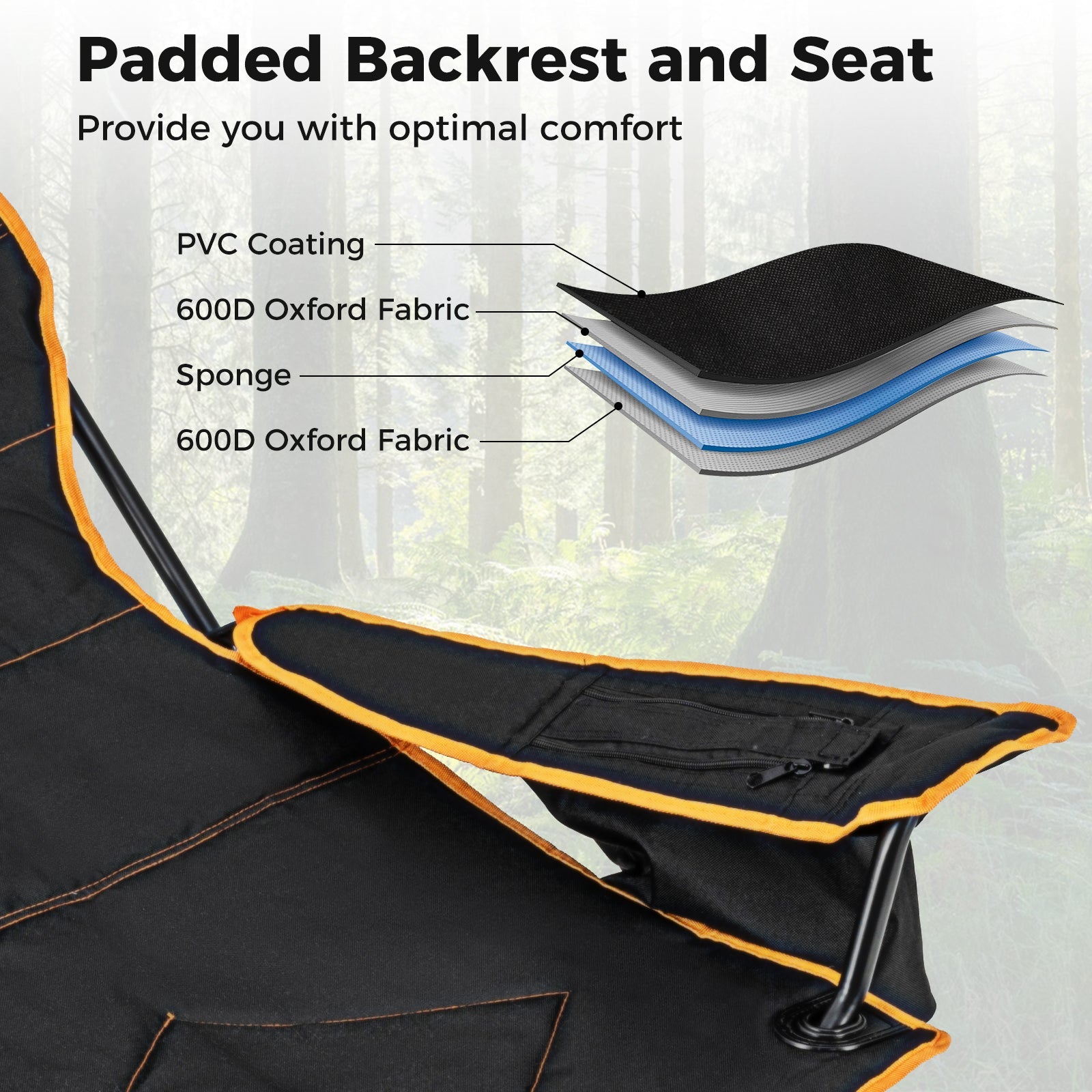 Folding Camping Chair with Footrest Camping Lounge Chair with Carry Bag-Black - Energize Trek