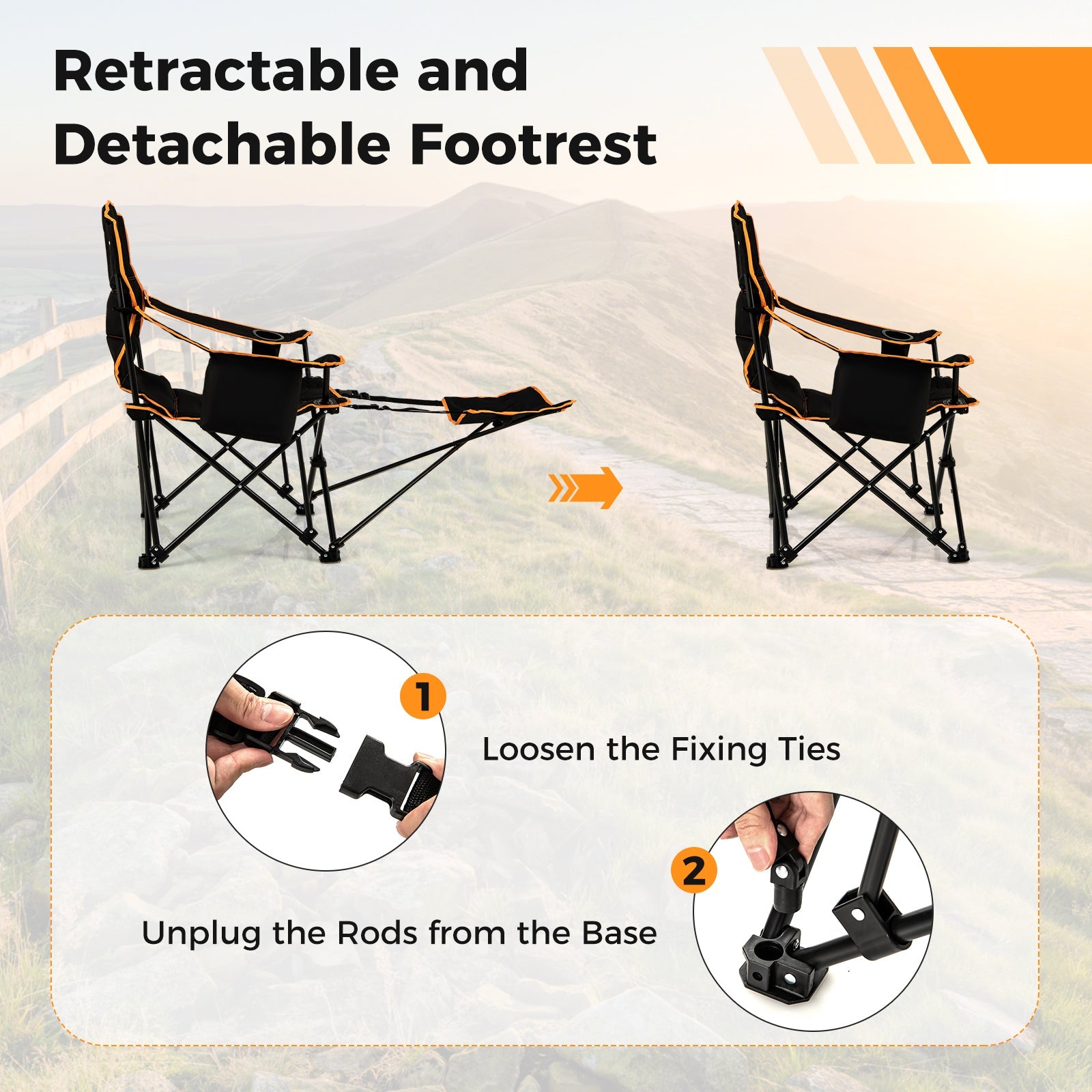 Folding Camping Chair with Footrest Camping Lounge Chair with Carry Bag-Black - Energize Trek