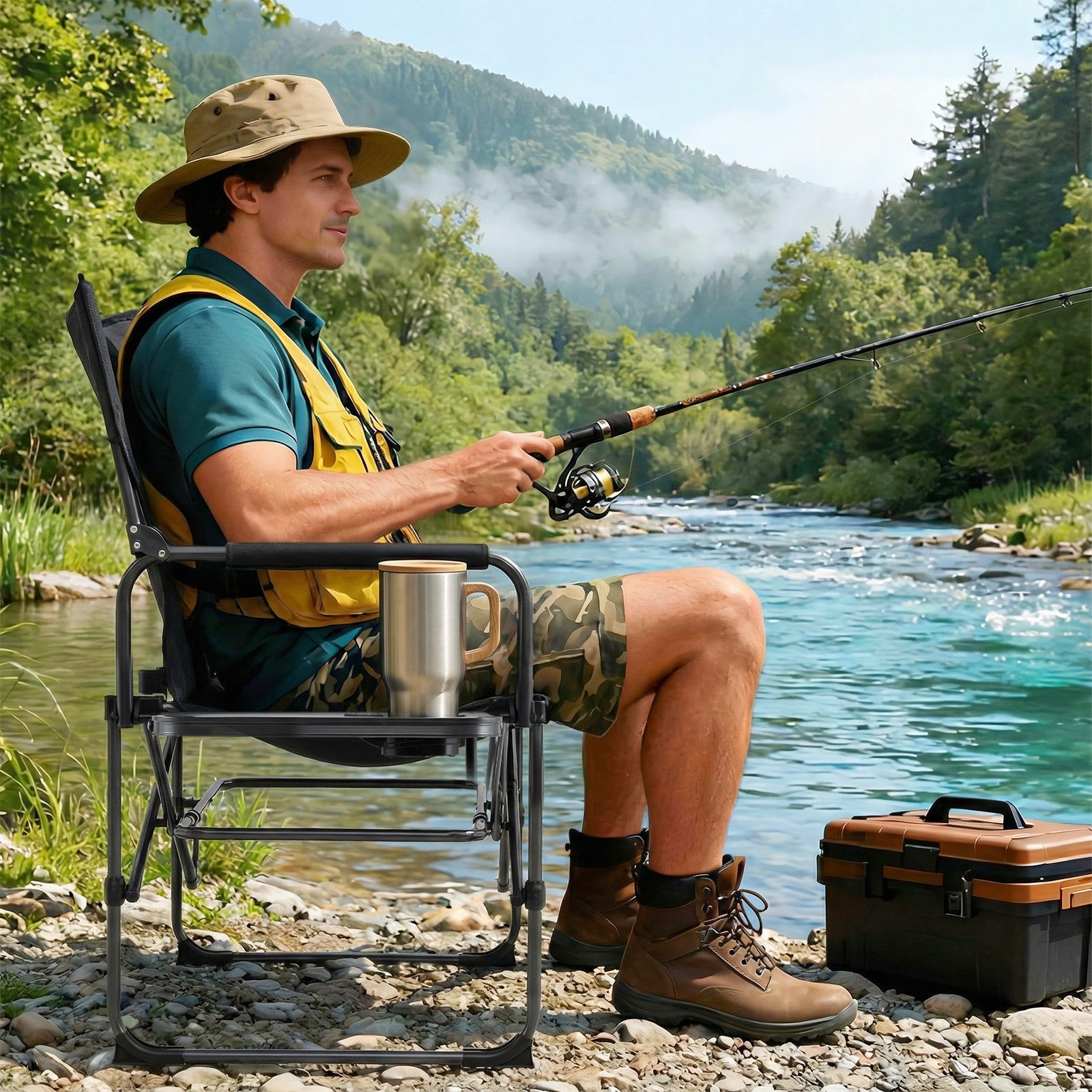 Folding Camping Chair with Side Table and Cup Holder with Carrying Bag - Energize Trek