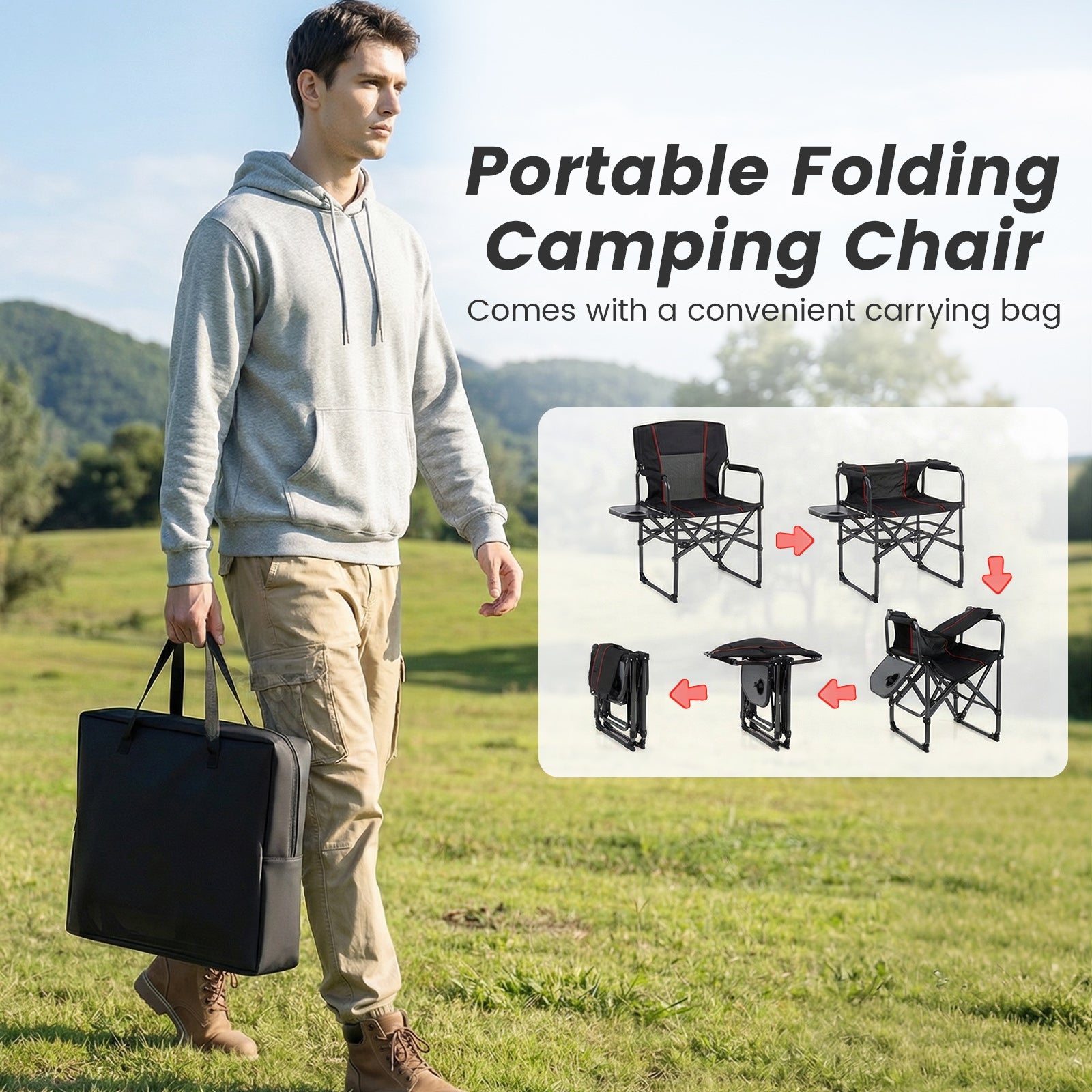 Folding Camping Chair with Side Table and Cup Holder with Carrying Bag - Energize Trek