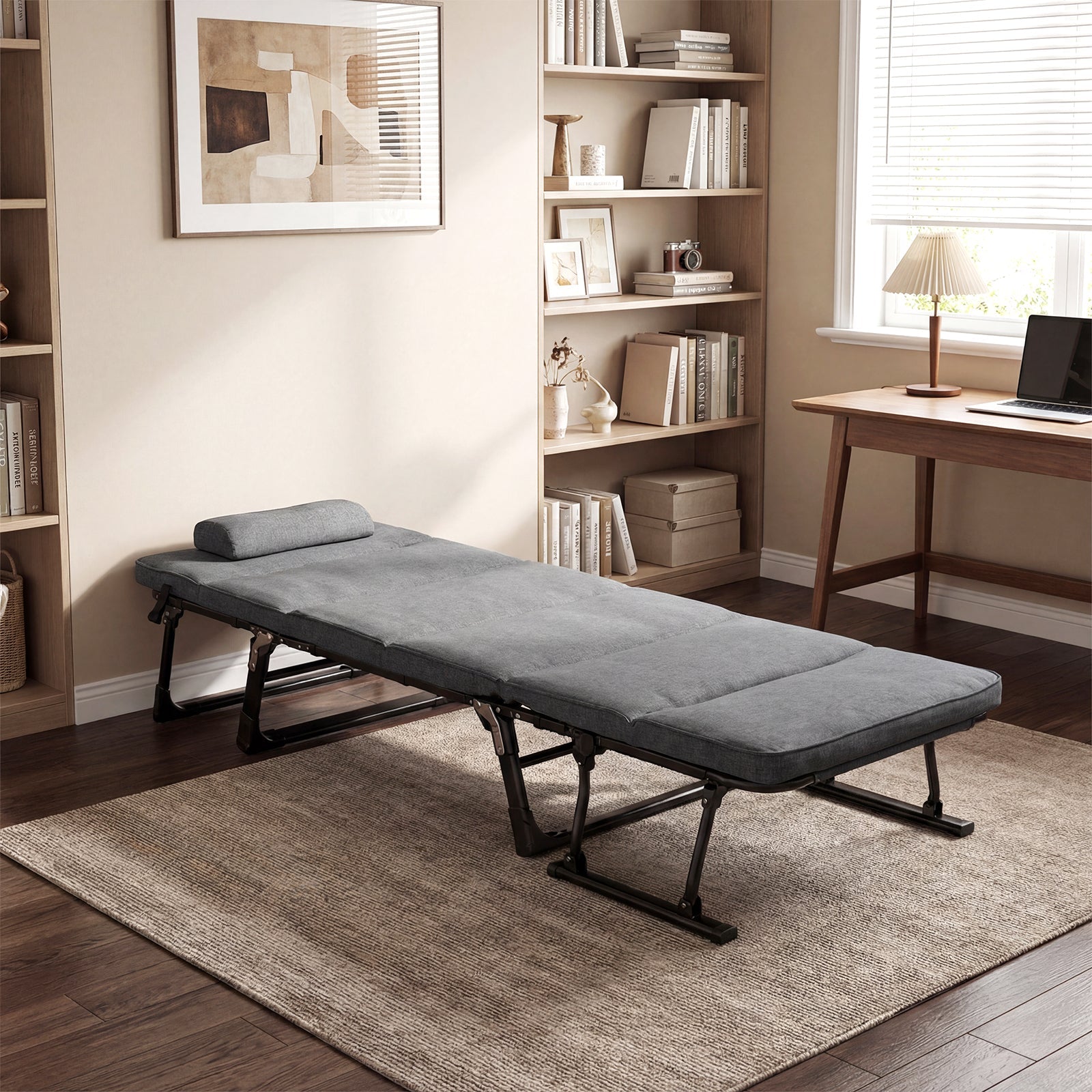Folding Camping Cot with Mattress 3 in 1 Convertible Single Sofa Chaise Lounge Chair Sleeper-Gray - Energize Trek