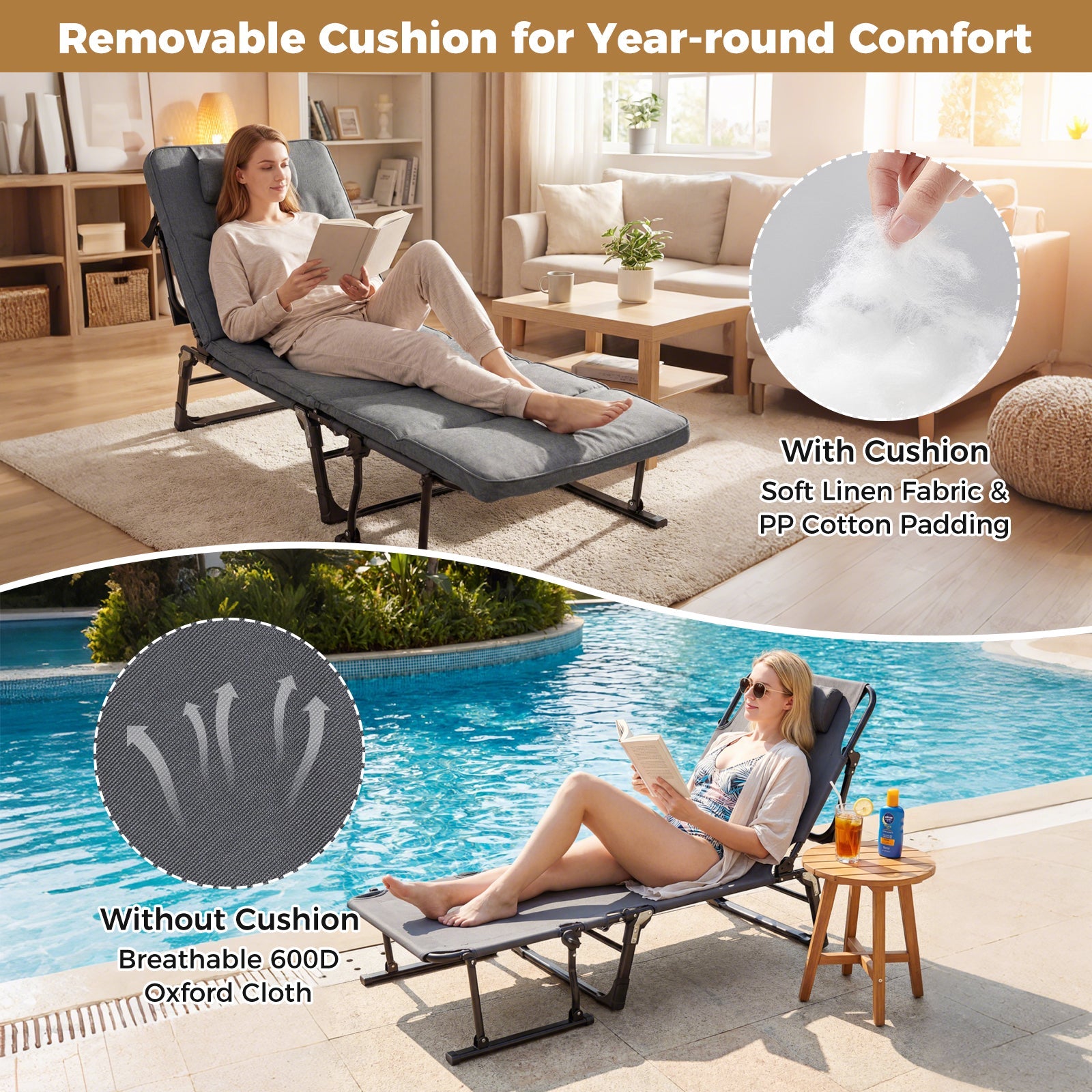 Folding Camping Cot with Mattress 3 in 1 Convertible Single Sofa Chaise Lounge Chair Sleeper-Gray - Energize Trek