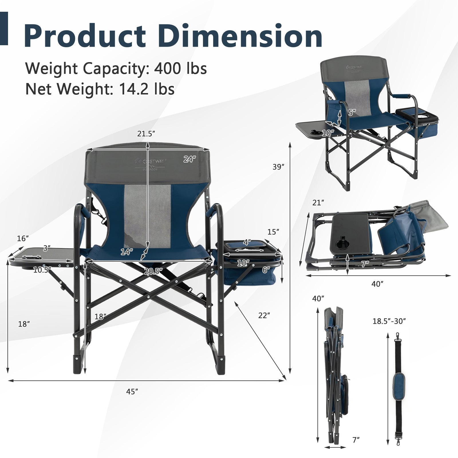 Folding Camping Directors Chair with Cooler Bag and Side Table - Energize Trek