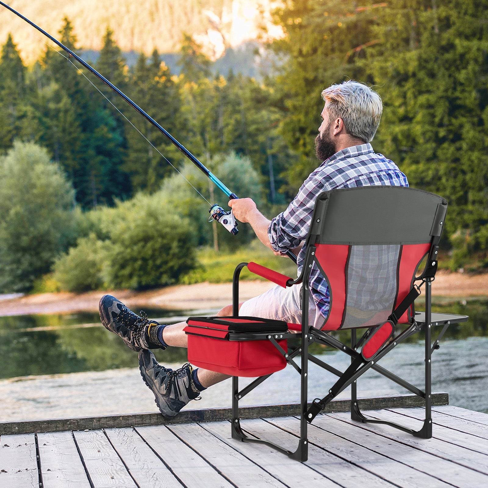 Folding Camping Directors Chair with Cooler Bag and Side Table - Energize Trek