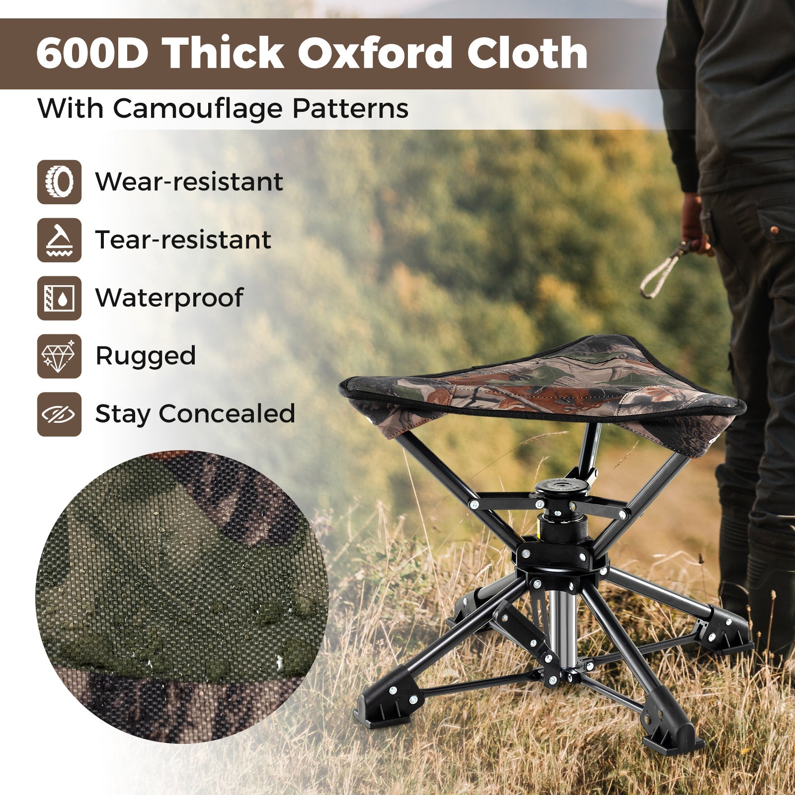 Folding Camping Stool 360° Swivel Hunting Chair with Anti-Sink Feet - Energize Trek