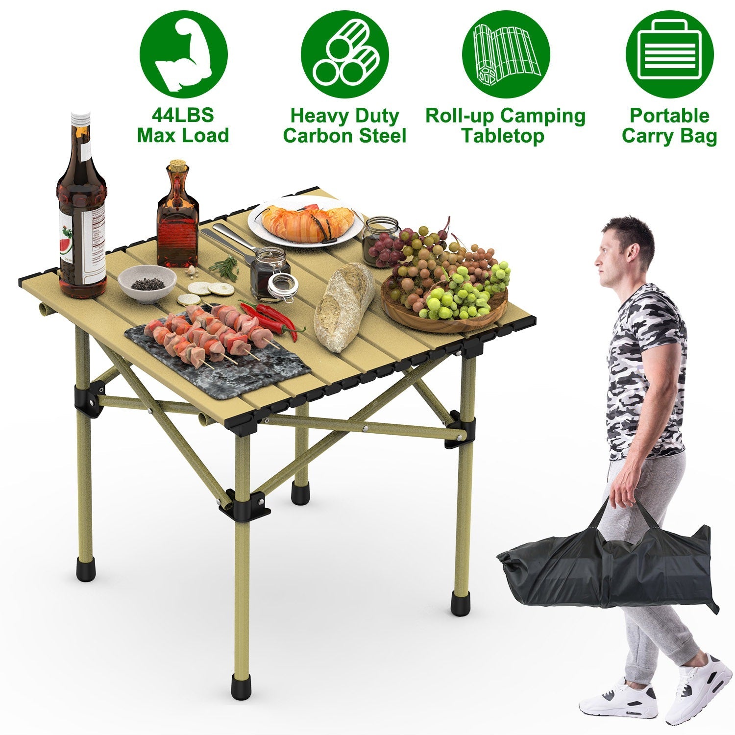 Folding Camping Table Portable Lightweight Carbon Steel Roll-up Picnic BBQ Desk with Carry Bag Heavy Duty for Outdoor Beach Backyard Party Patio Campi - Energize Trek