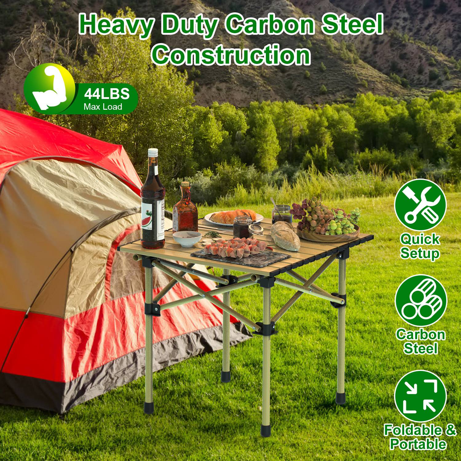 Folding Camping Table Portable Lightweight Carbon Steel Roll-up Picnic BBQ Desk with Carry Bag Heavy Duty for Outdoor Beach Backyard Party Patio Campi - Energize Trek