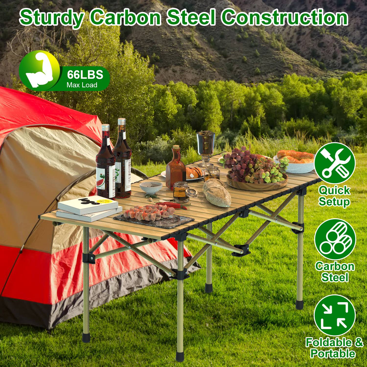 Folding Camping Table Portable Lightweight Carbon Steel Roll-up Picnic BBQ Desk with Carry Bag Heavy Duty for Outdoor Beach Backyard Party Patio Campi - Energize Trek