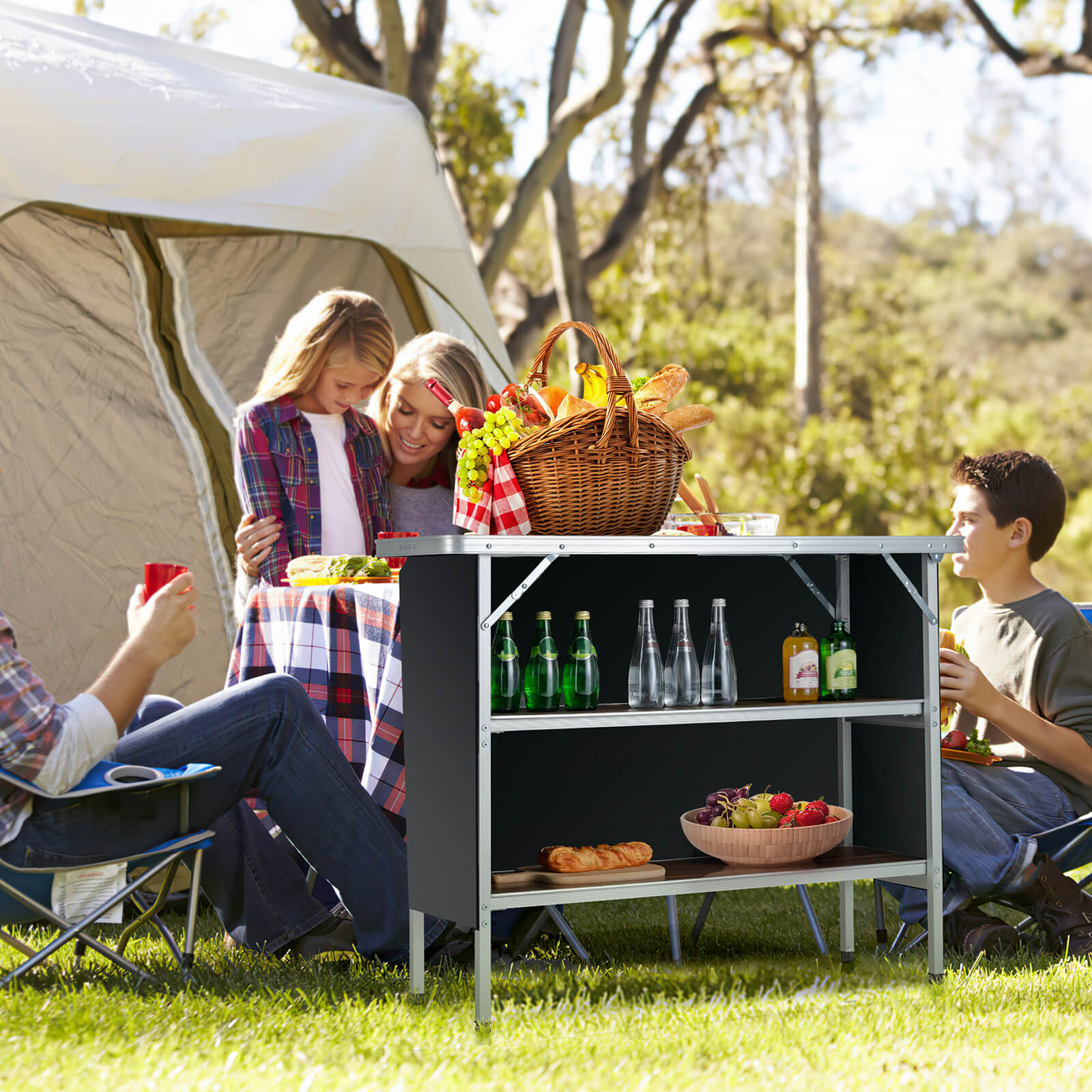 Folding Camping Table with 2-Tier Open Shelves for Outdoor BBQ - Energize Trek