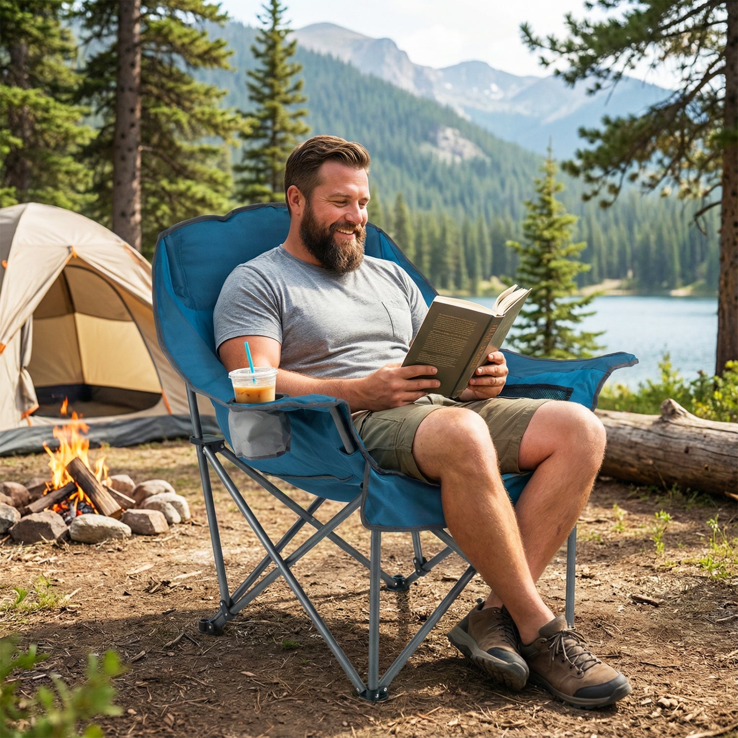 Folding Oversized Camping Chair with Side Pockets and Cup Holder - Energize Trek